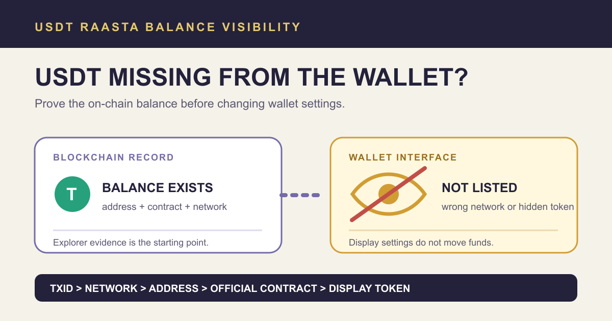 Blockchain پر موجود USDT balance اور wallet میں hidden token کے فرق کو دکھانے والا تشخیصی نقشہ