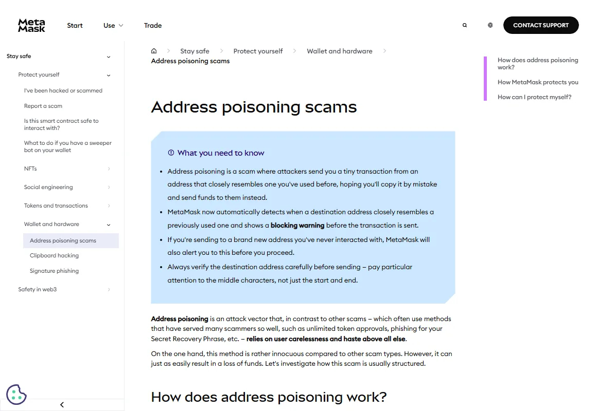 MetaMask Help Center کا Address poisoning scams page جو middle characters دیکھنے اور history سے غلط address copy ہونے کے خطرے کی وضاحت کرتا ہے