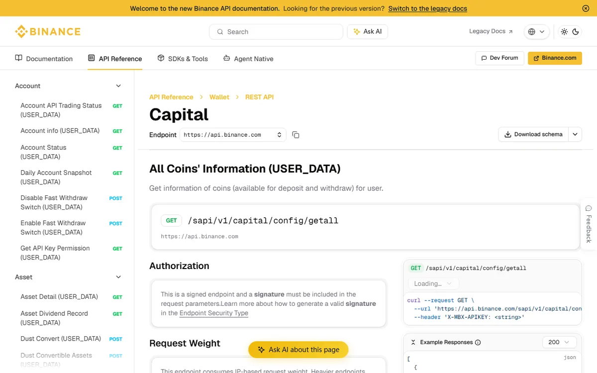 Binance Developer Docs کا حقیقی public screenshot جس میں Capital endpoint coin کی deposit اور withdrawal availability فراہم کرتا ہے