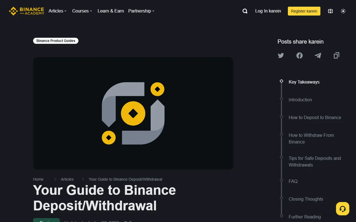 Binance Academy کی حقیقی official guide کا screenshot جس میں deposit، withdrawal اور network matching کے حصے موجود ہیں