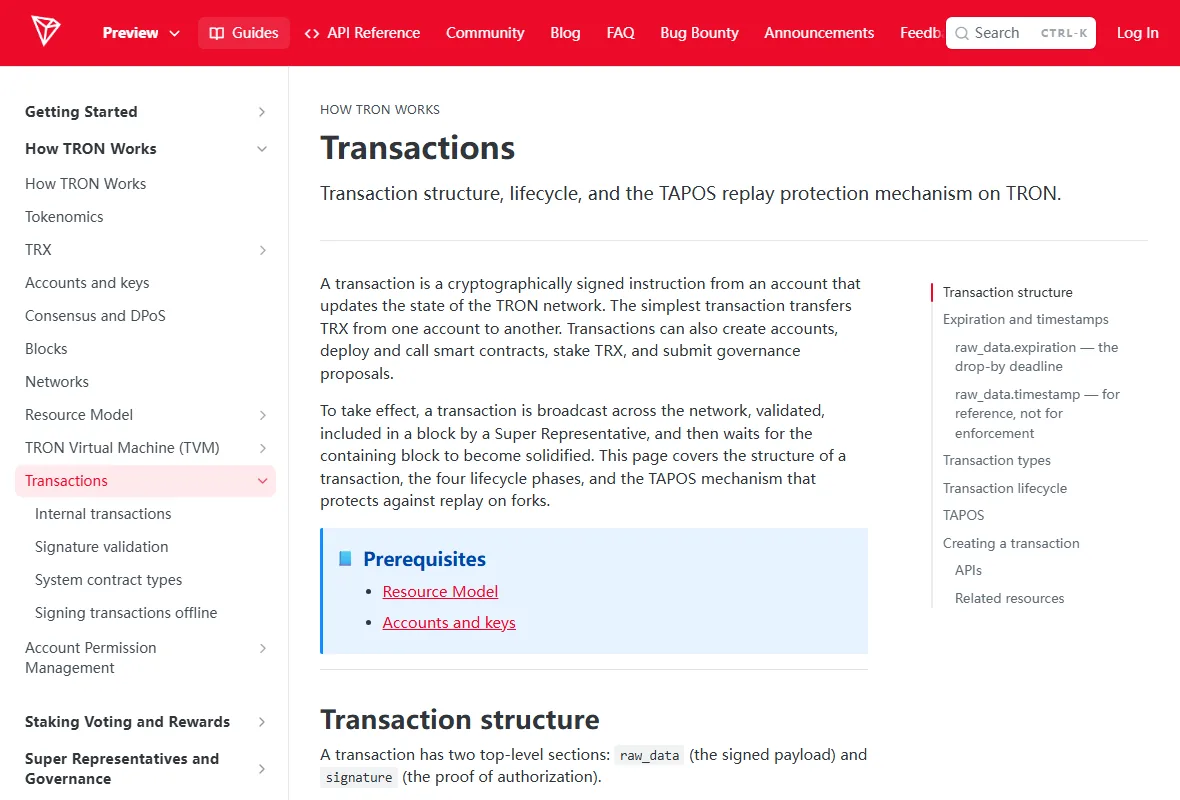 TRON Developers 官方 Transactions 文件,展示交易結構與 transaction lifecycle 導覽