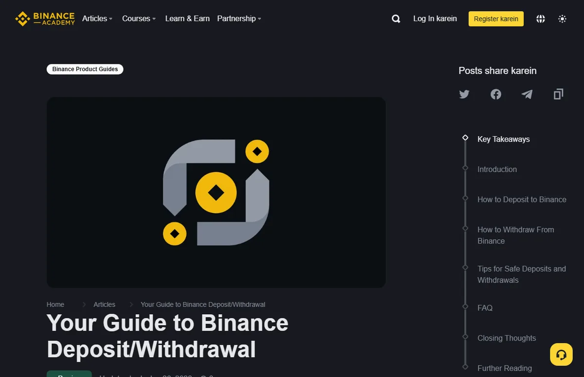 Binance Academy کا عوامی Deposit/Withdrawal guide page جس میں deposit، withdrawal اور safety sections دکھائی دیتے ہیں