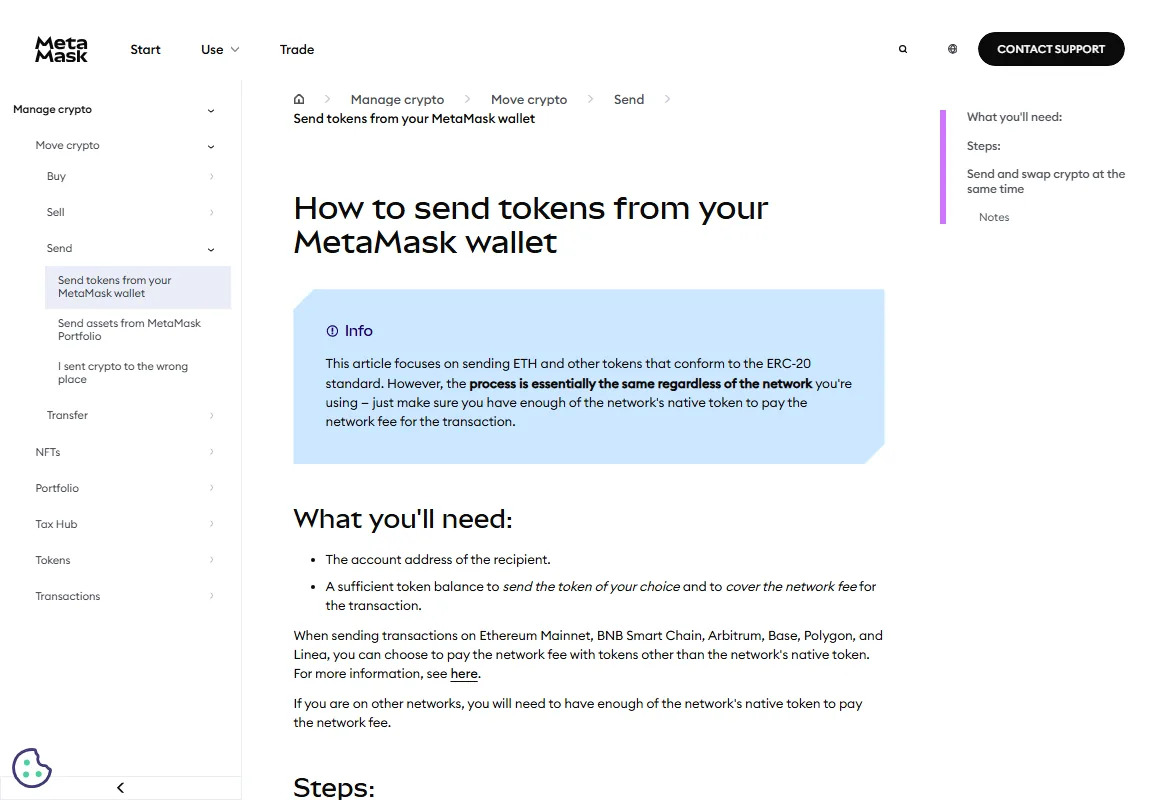MetaMask 官方發送代幣說明頁,提示需準備足夠的網路費資產;截於 2026-08