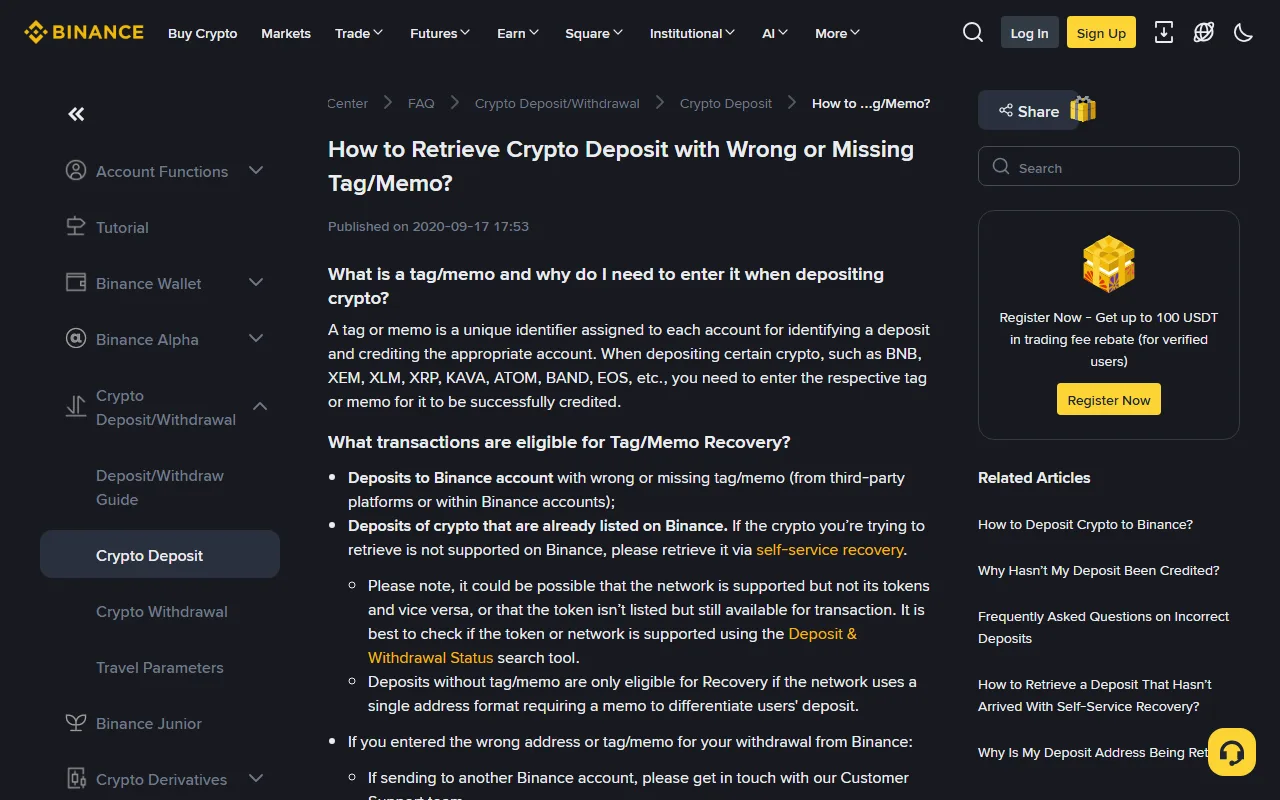 Binance کے سرکاری مدد صفحے پر tag/memo کی تعریف اور غلط یا خالی memo والے deposit کی بازیابی کی شرائط