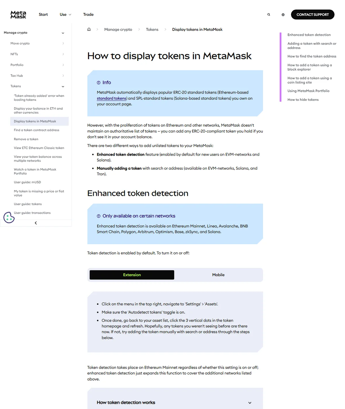 MetaMask کی سرکاری Display Tokens page پر autodetection اور manually adding a token کے steps