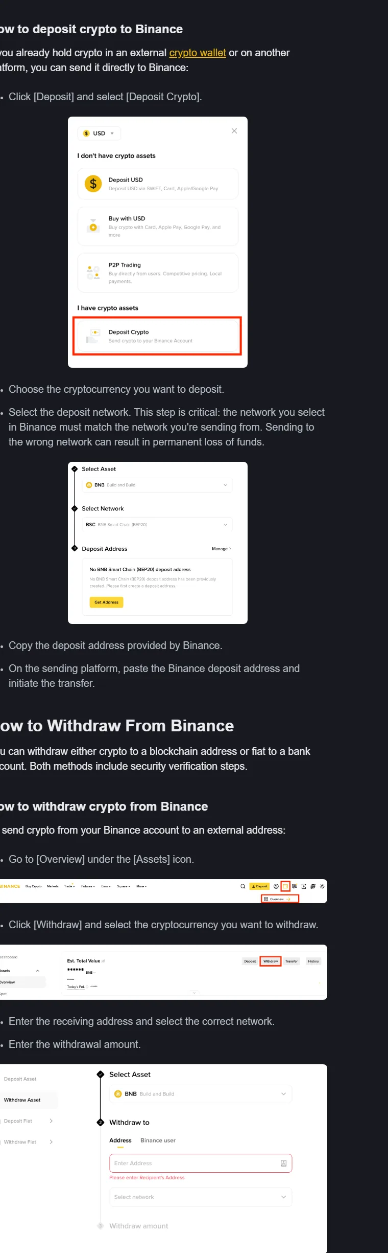 Binance Academy 官方指南的 Deposit Crypto、選擇網路與收款地址步驟,截圖日期 2026 年 8 月 17 日