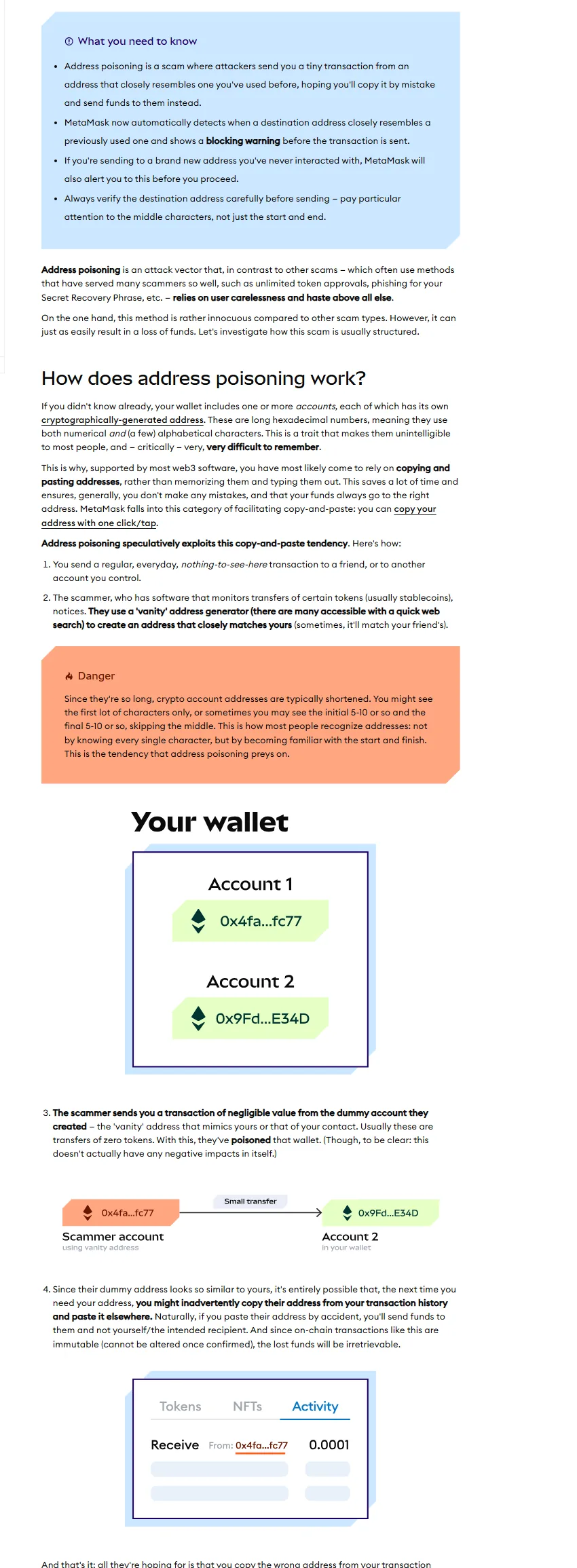 MetaMask کے official safety page پر address poisoning کی tiny transaction، lookalike address اور history-copy مثال، 17 اگست 2026 کی screenshot