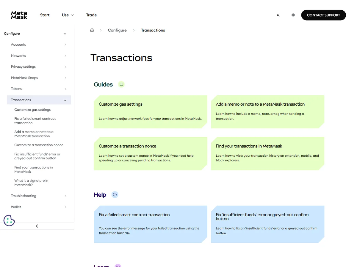 MetaMask 官方 Transactions 說明頁,列出 Gas、nonce、失敗合約交易和尋找交易紀錄等不同指南