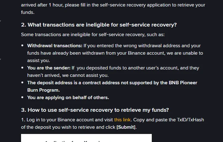 Binance کے support صفحے کی فہرست جس میں self-service recovery کے لیے ناقابلِ قبول صورتیں درج ہیں: غلط withdrawal address، آپ خود بھیجنے والے ہوں، غیر معاون contract address، اور کسی اور کی طرف سے درخواست