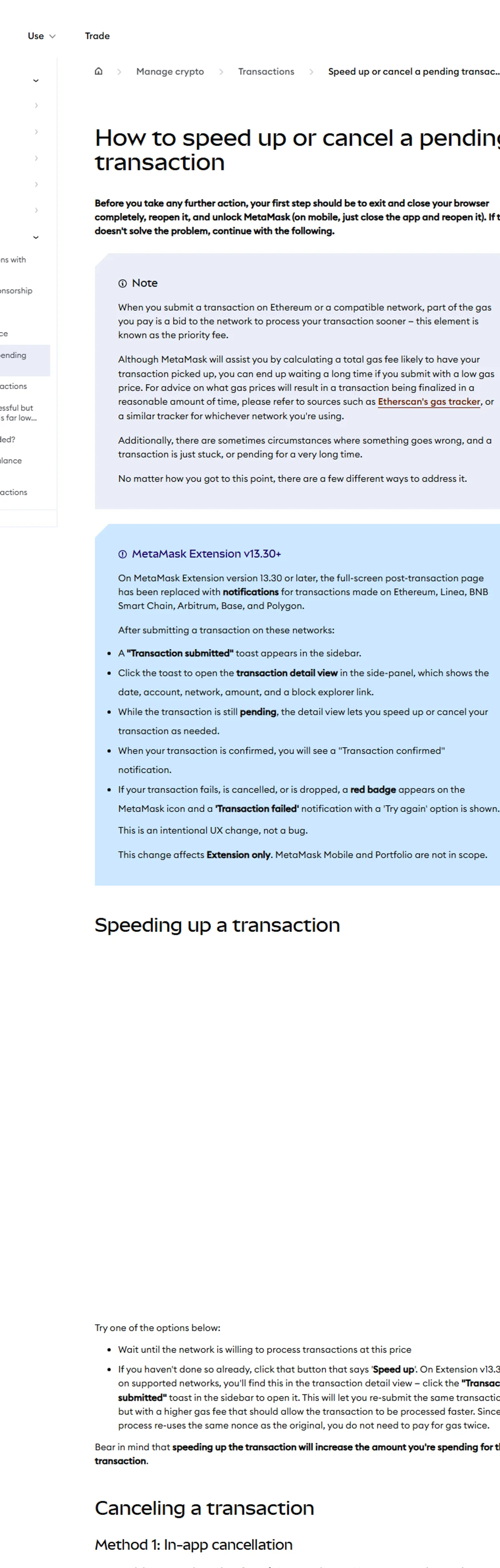 MetaMask Support کا حقیقی public صفحہ، جس میں pending transaction کے لیے Speed Up اور Cancel کی حدود دکھائی گئی ہیں