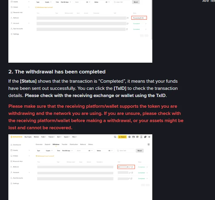 Binance کے official رہنما میں withdrawal history کی مثال، جہاں Status کے خانے میں Processing اور Completed الگ الگ نظر آتے ہیں اور Completed کے ساتھ TxID کا لنک دیا گیا ہے