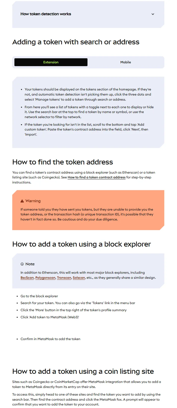 MetaMask کے official help page پر contract address سے custom token شامل کرنے اور explorer استعمال کرنے کے مراحل، 17 اگست 2026 کی screenshot