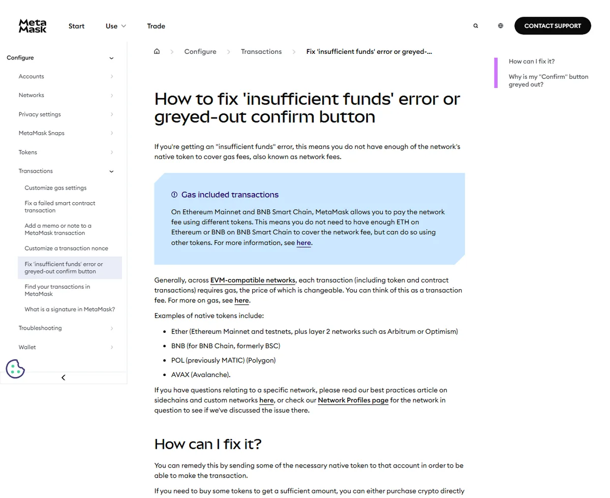 MetaMask کی سرکاری insufficient funds ہدایات، جن میں native token gas اور محدود gas-included option دکھایا گیا ہے