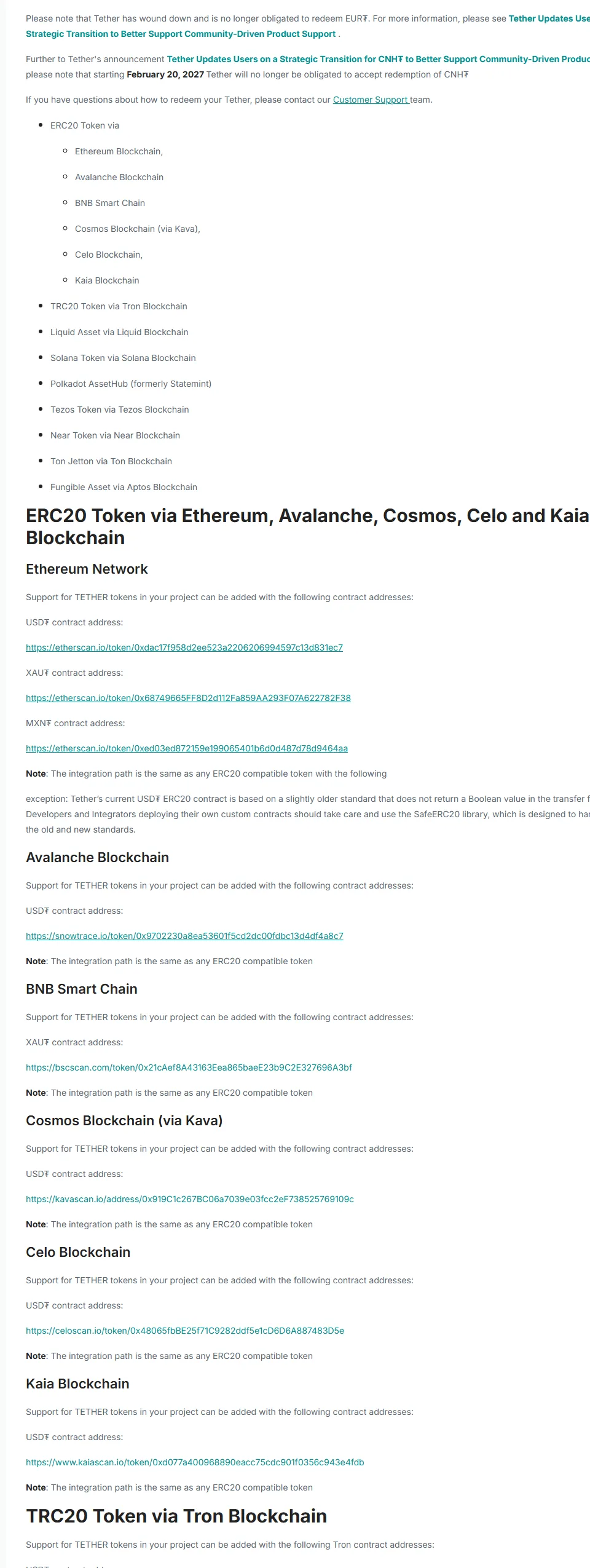 Tether 官方支援協議頁列出 Ethereum、BNB Smart Chain 與 TRON 等 USD₮ 路徑,截圖日期 2026 年 8 月 17 日