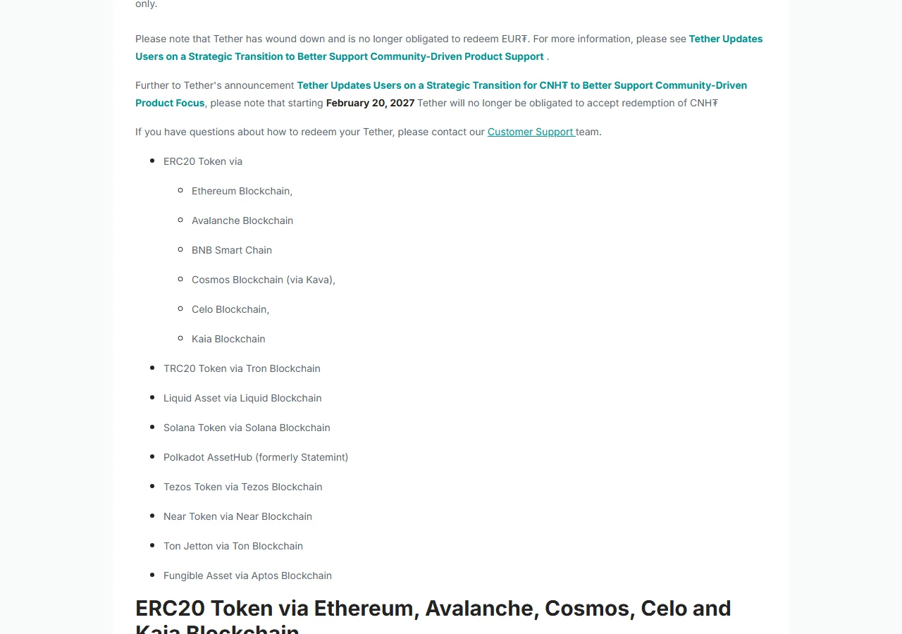 Tether کے Supported Protocols صفحے پر USD₮ کے فعال routes کی فہرست: Ethereum، Avalanche، BNB Smart Chain، Kava، Celo، Kaia، Tron، Liquid، Solana، Polkadot AssetHub، Tezos، Near، Ton اور Aptos