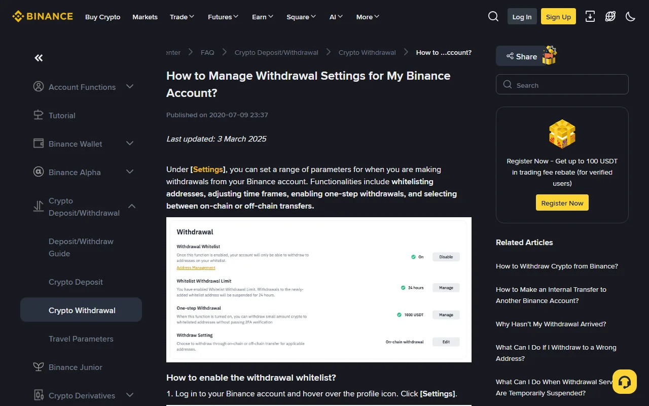 Binance کے withdrawal settings کے سرکاری صفحے پر Withdrawal Whitelist، Whitelist Withdrawal Limit، One-step Withdrawal اور on-chain یا off-chain withdraw setting کے options