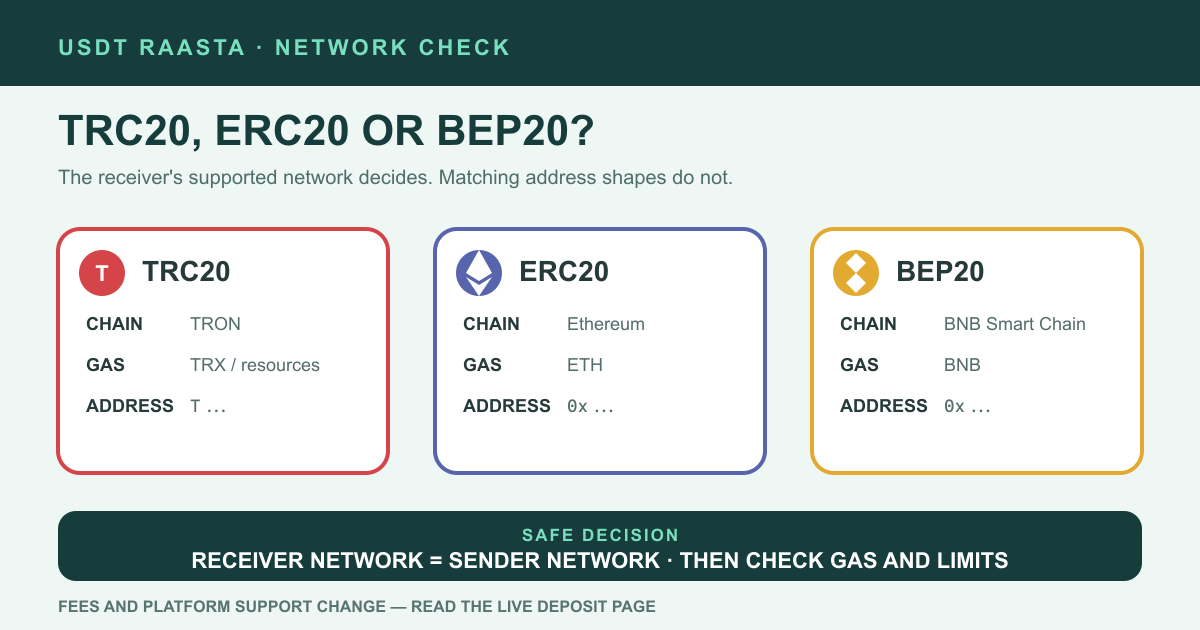 USDT TRC20、ERC20、BEP20 的區塊鏈、Gas 資產與地址格式比較